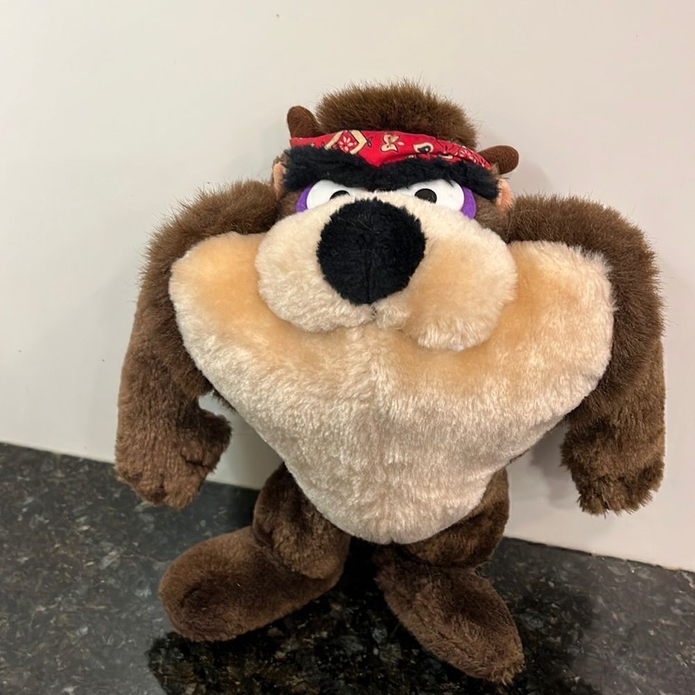 VINTAGE 1993 Biker Taz Tasmanian Devil Plush Toy 10" Bandana Warner Bros